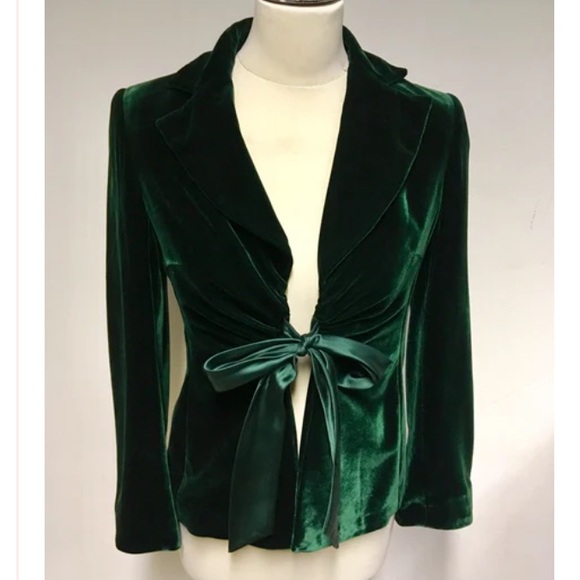 Elegant Green Velvet Suit jacket pants sexy NYC winter NYE Christmas chic bow - Picture 2 of 4